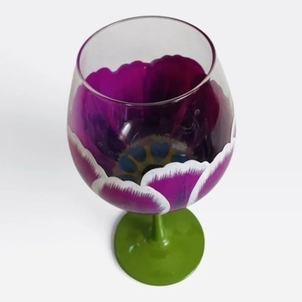 Pier 1 Imports Hand Painted Purple Tulip Wine Glass Green Stem Hand Blown EXC